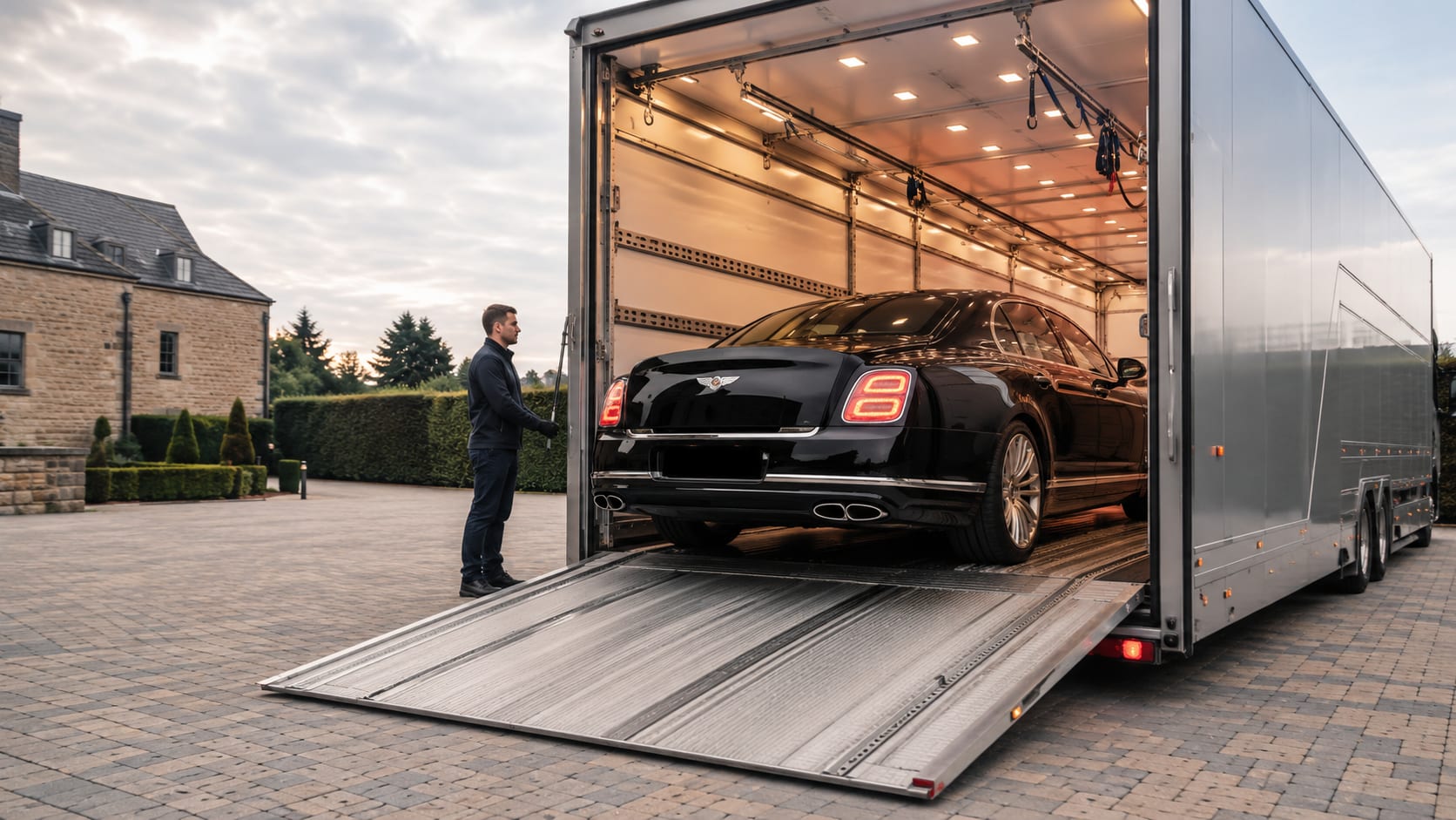 Bentley loaded into a CPS Transport enclosed vehicle transporter for secure UK delivery