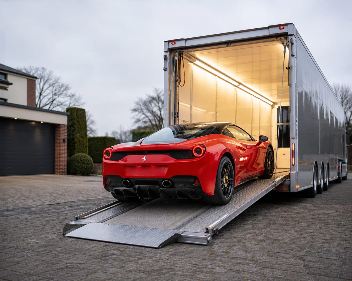 Ferrari being loaded into a silver enclosed transporter for secure UK delivery