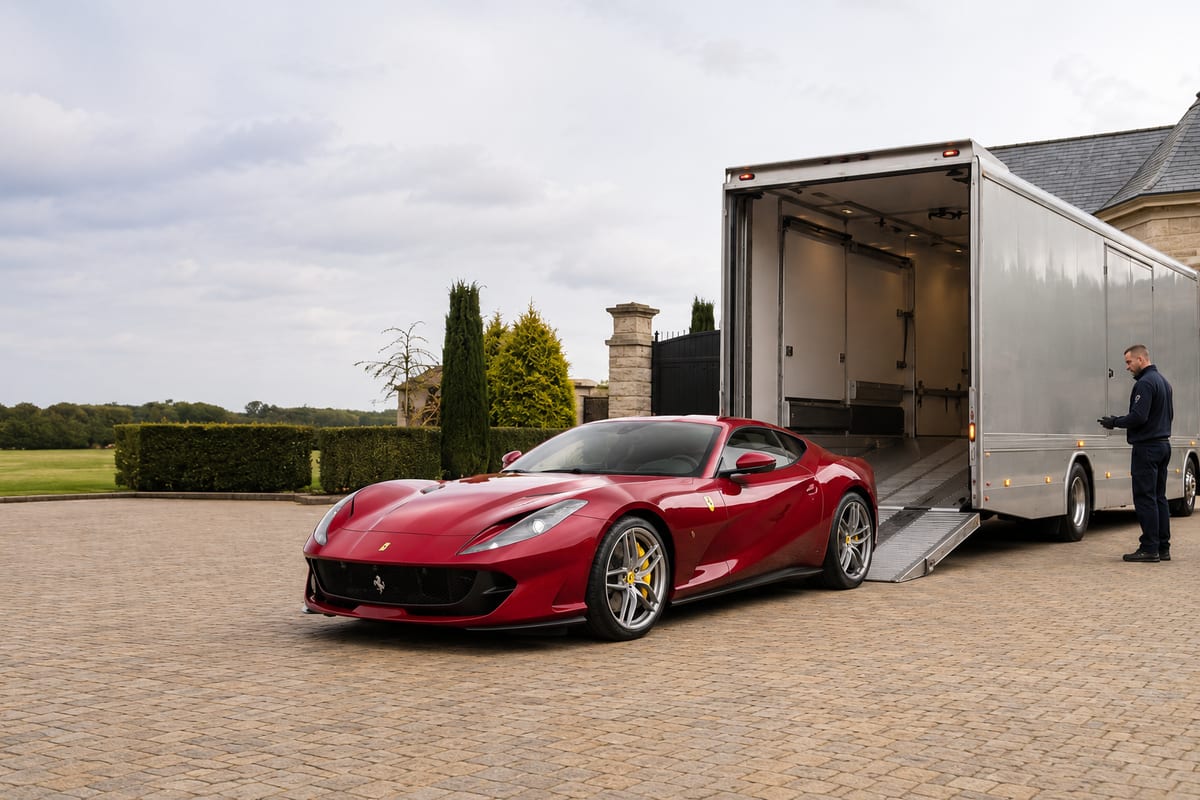 Ferrari beside a CPS Transport enclosed vehicle transporter, ramp lowered for UK collection